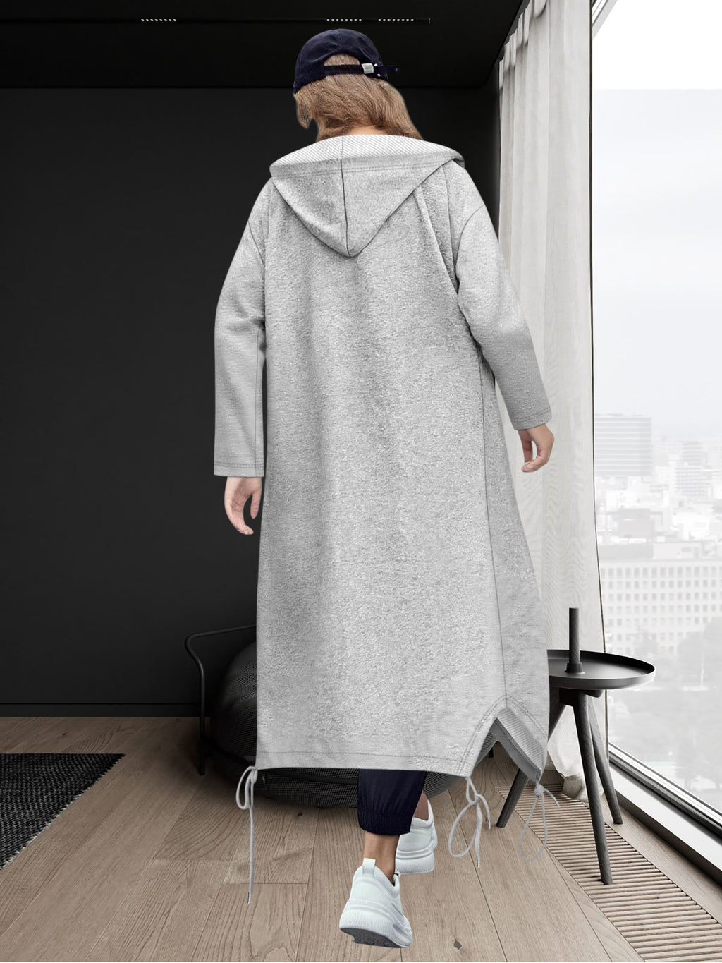 Grey Long Hooded Zip-Up Sweatshirt Coat, Women's Lazy Casual Style for Autumn & Winter, Loose Fit to Hide + Drawstring Design, Versatile and Casual with Great Style - Grey
