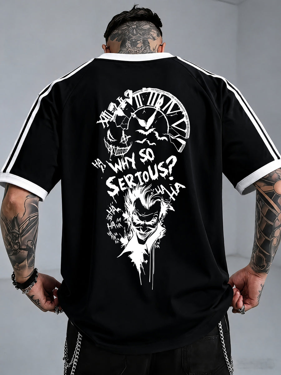 Warner Bros Official Everyday Versatile Striped Raglan T-Shirt, Vintage Sketch Layout with DC Joker English Slogan, Loose Short-Sleeve Top, Double-Sided Front and Back Print, Men's 100% Pure Cotton Versatile Sporty Casual Style Summer Short-Sleeve - Black