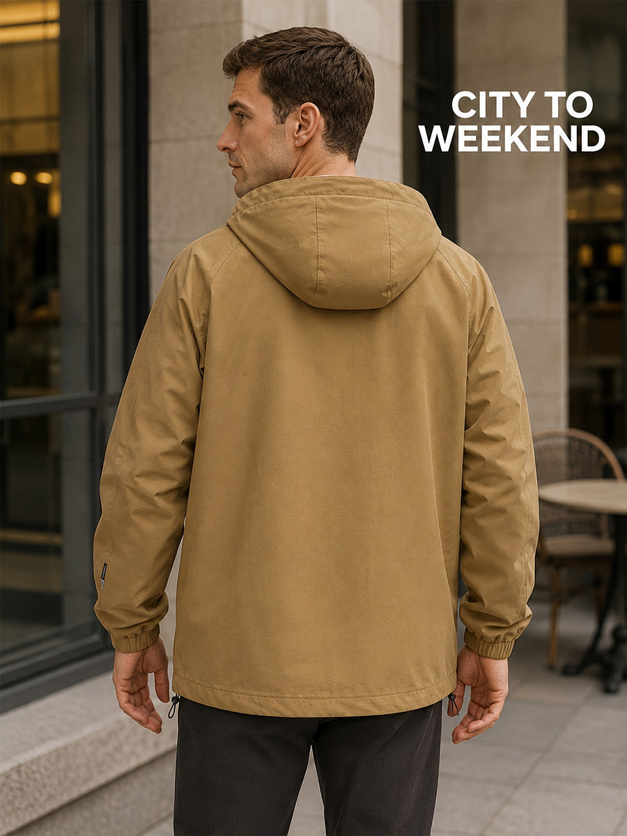 Men'S Lightweight Hooded Jacket, Casual Full-Zip Coat with Adjustable Hood And Flap Pockets, Suitable for Autumn And Winter Casual Wear - Camel