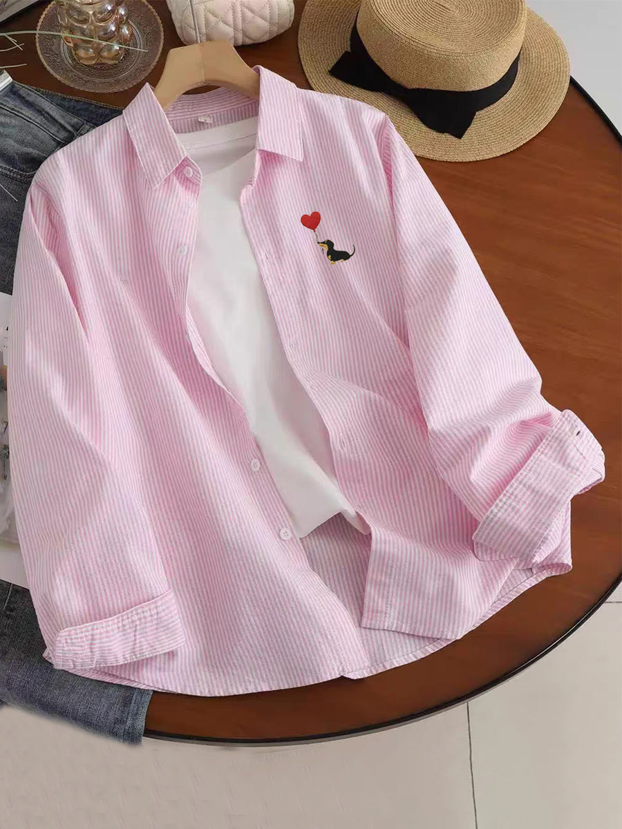 Spring And Autumn Thin Healing Style Trendy Men'S Cartoon Niche Fun Pattern Long Sleeve Thin Striped Casual Shirt - Pink Color