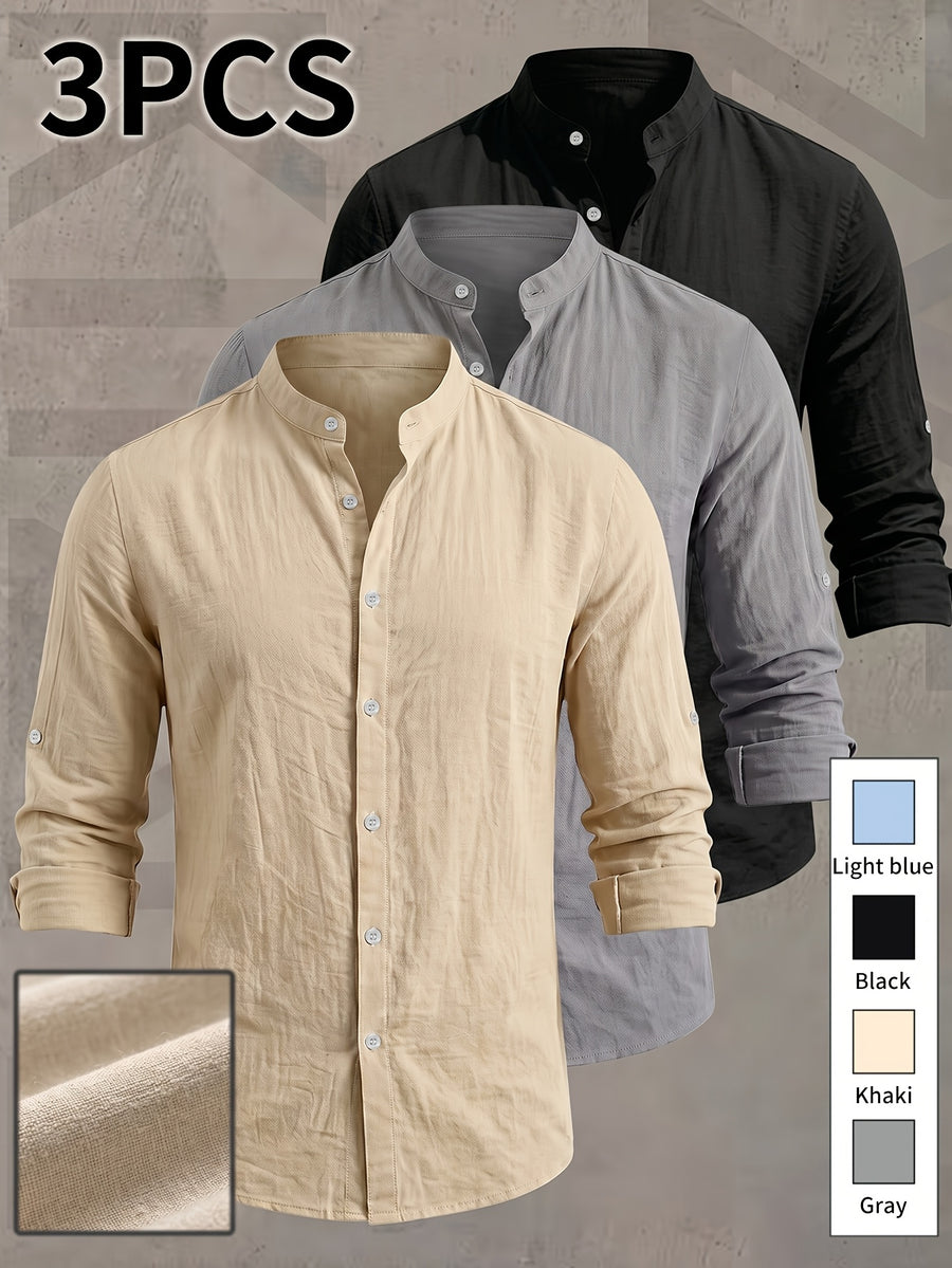 3pcs Set Men'S Henley Long Sleeve Shirt, Easy And Elegant Style. Versatile for Daily Outings And Casual Workplaces. Suitable for Personal Wear Or As a Birthday Gift for Friends And Family - Gray + Khaki + Black 3-pack