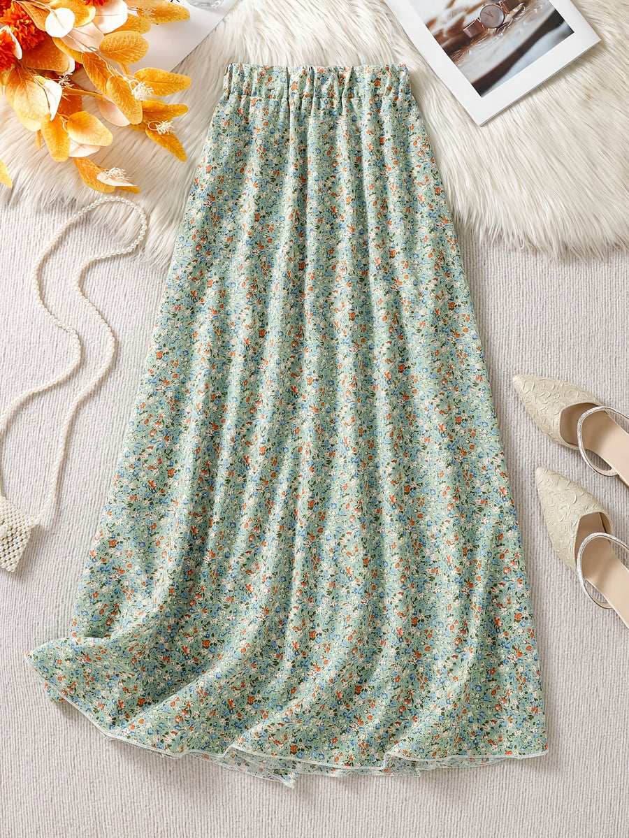 Women's High Waist Floral Maxi Skirt, A-Line Flowy Resort Skirt, French Style Elegant Dress for Spring Summer Fall - Light Green