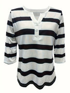 Women's Fashion New Spring/Summer Striped Print V-Neck Button-Up Three-Quarter Sleeve Loose Fit Casual Top Base Tee, Comfortable and Stylish - Suitable for Daily Wear and Home - Mixed colors