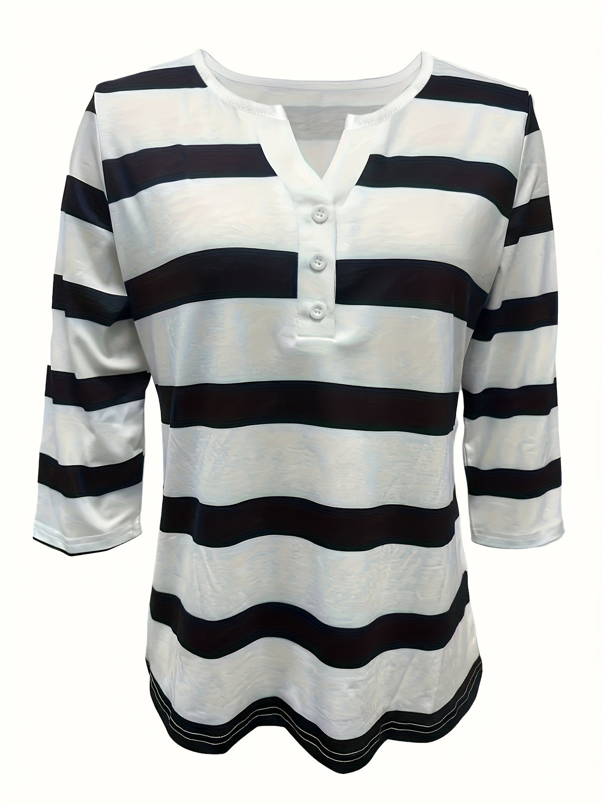Women's Fashion New Spring/Summer Striped Print V-Neck Button-Up Three-Quarter Sleeve Loose Fit Casual Top Base Tee, Comfortable and Stylish - Suitable for Daily Wear and Home - Mixed colors