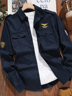 New Men's Cotton -Style Long-Sleeve Shirt Jacket, Casual Business Long-Sleeve Button-Up with Shoulder Epaulette Pattern, Regular Fit Trendy Workwear Men's Outerwear - Dark Blue