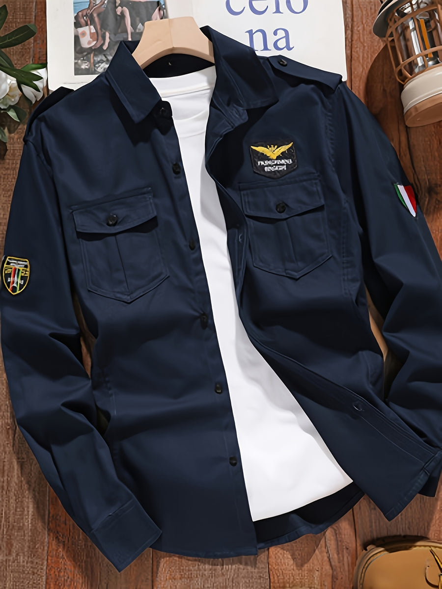 New Men's Cotton -Style Long-Sleeve Shirt Jacket, Casual Business Long-Sleeve Button-Up with Shoulder Epaulette Pattern, Regular Fit Trendy Workwear Men's Outerwear - Dark Blue