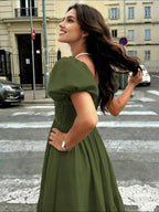 Women's Elegant Square Neck Puff Short-Sleeve Bridesmaid Dress - Shirred High-Waisted Waist-Cinching A-Line Midi Dress with Layered Hem, Suitable for Wedding Guest Dresses, Parties, Daily Wear & Vacation Outfits - Army Green