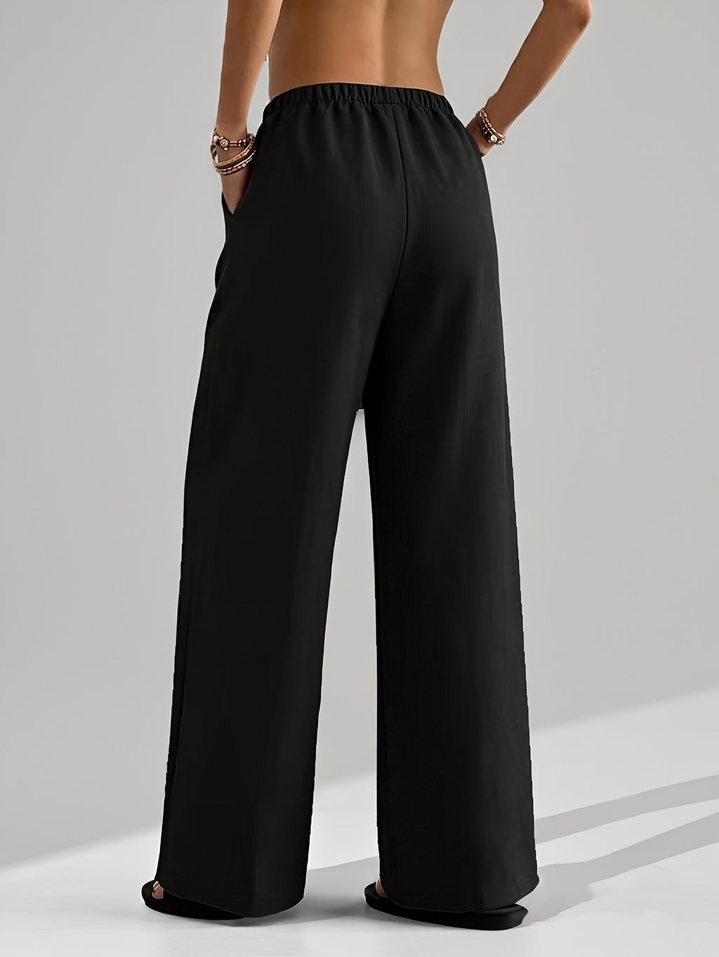 Summer Women'S Casual All-Match Straight Trousers with Elastic Waist And Fake Drawstring Design, Loose Comfortable Wide-Leg Pants Suitable for All Seasons, Outdoor Running And Athletic Long Pants - Black