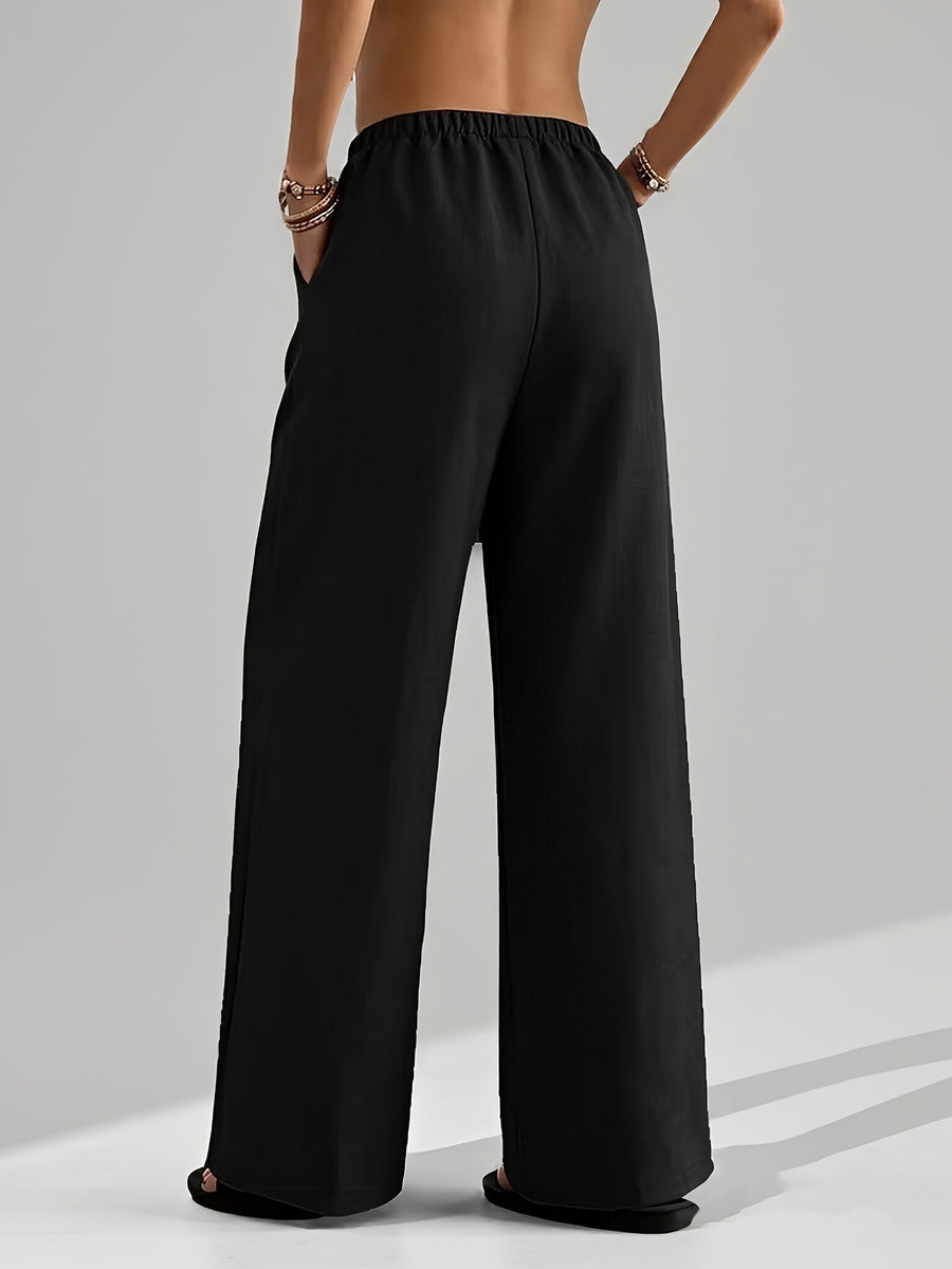 Summer Women'S Casual All-Match Straight Trousers with Elastic Waist And Fake Drawstring Design, Loose Comfortable Wide-Leg Pants Suitable for All Seasons, Outdoor Running And Athletic Long Pants - Black