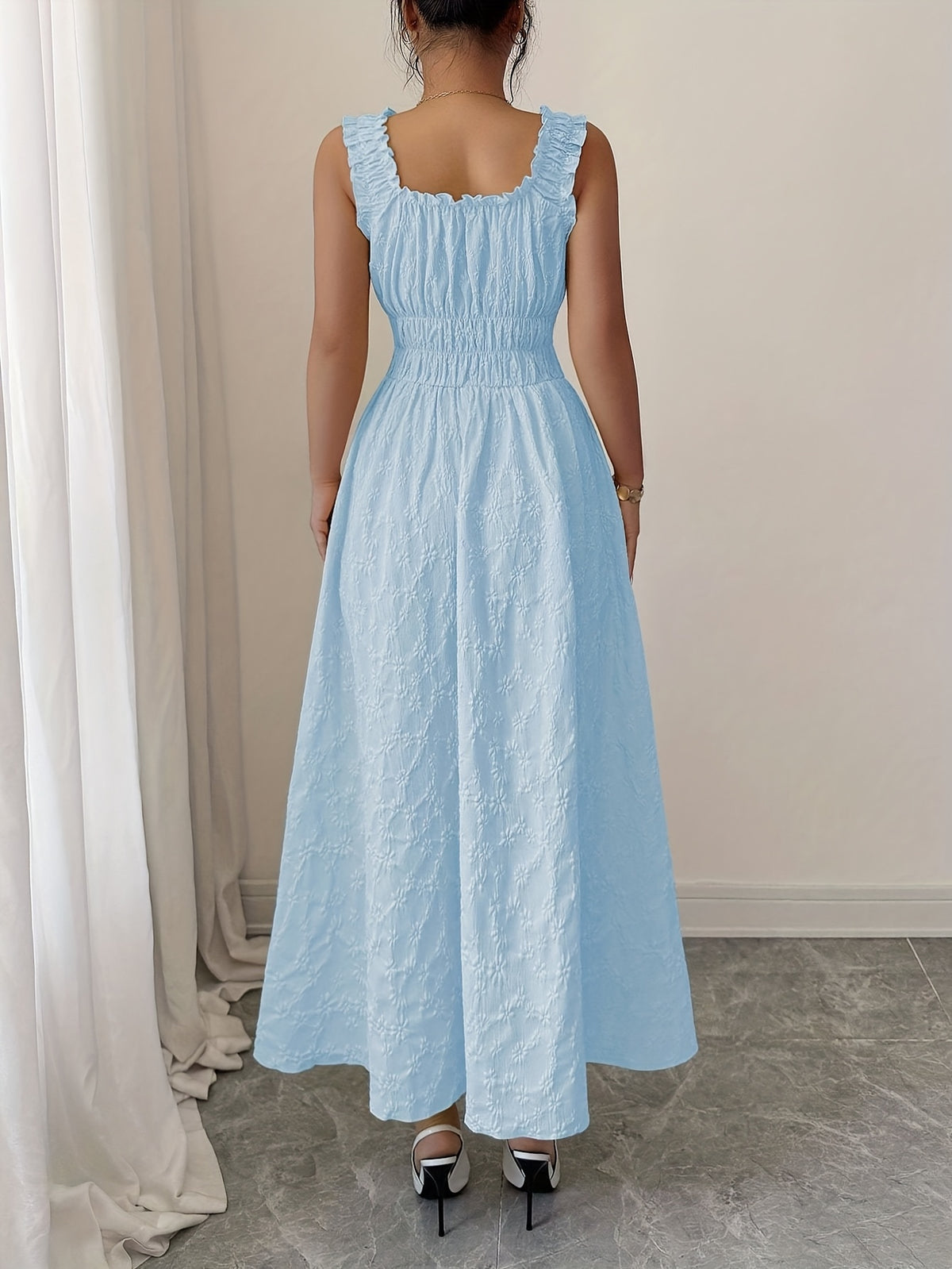 New Women's Textured Floral Fabric, Spaghetti Strap with Bow Waist Design - Elegant and Versatile Women's Dress - Elegant Party Wear, Date Night, 1pc, Buen Fin Shopping Festival, New Year's Daily Wear, Parties, Wedding Night, Stylish and Versatile - Light Blue