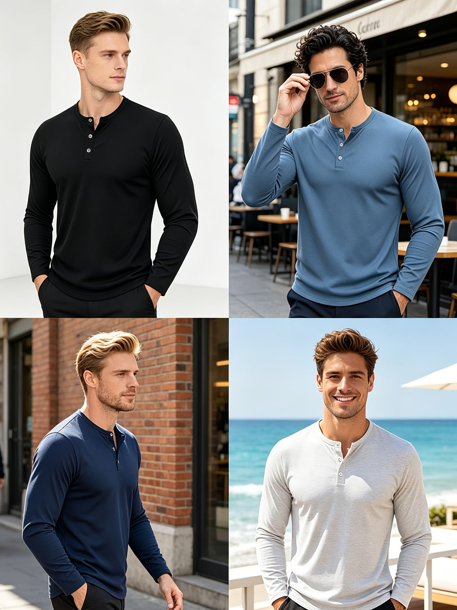 2pcs Men's Casual Versatile Henry Long Sleeved Clothing, Simple and Versatile, Comfortable and Breathable Fabric, Plus Size Men's Clothing, Suitable for Daily Commuting Men's Clothing. - Black+gray
