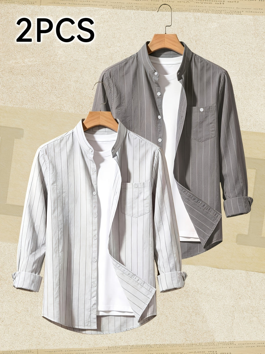 2pcs Set Stand Collar Striped Shirt; Spring/Autumn Loose Fit Casual Business Simple Versatile Top; Daily Commute Breathable 2pcs Men's Outfit - Light White+Grey