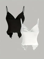 Women's Y2K Sexy Backless Top, Deep Red/Black Solid Color Twist Pleat Design, 4-Season Versatile Vest Set of 2pcs - Black And White Color