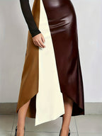 2026 Spring Summer New Arrival Skirt: Irregular Color Block Patchwork, Strong Design Sense, Bodycon Slim Fit Shapes Curves, Minimalist Fashion & Sexy, Y2K Style, Suitable for Casual, & Office Women'S Wear - Brown, milky white, and dark red clash