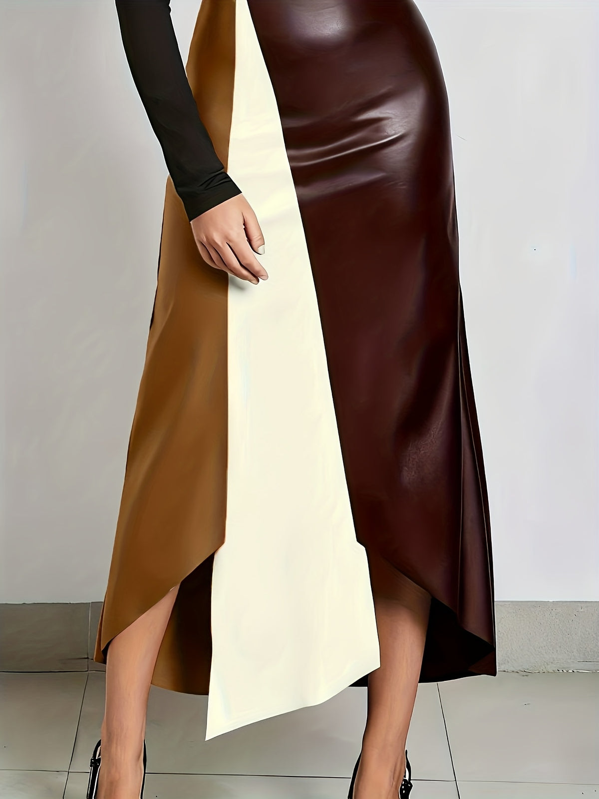 2026 Spring Summer New Arrival Skirt: Irregular Color Block Patchwork, Strong Design Sense, Bodycon Slim Fit Shapes Curves, Minimalist Fashion & Sexy, Y2K Style, Suitable for Casual, & Office Women'S Wear - Brown, milky white, and dark red clash