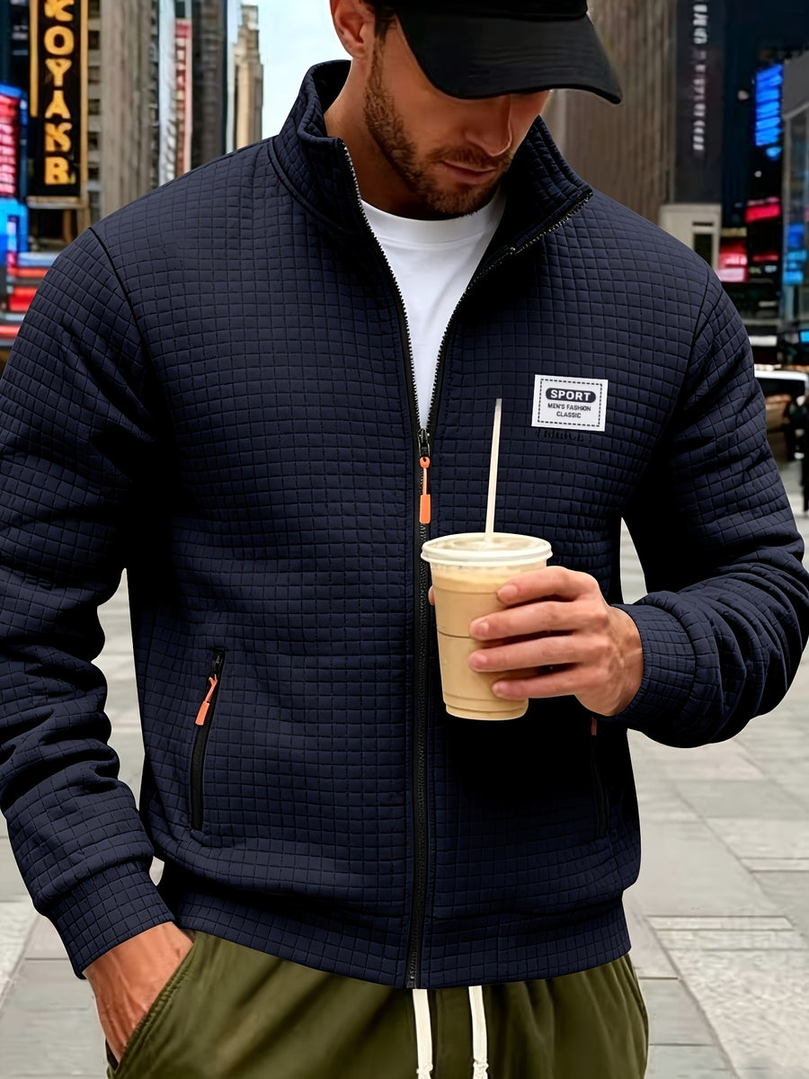 Pearson OBM Autumn/Winter Men's Thickened PARIST Jacquard Sport Jacket, Fashionable Plaid Jacquard Textured Fabric, Comfortable Outerwear Suitable for Daily Outings, Outdoor Sports, Travel, and Vacations. Lightweight and Comfortable with a Regular - Navy