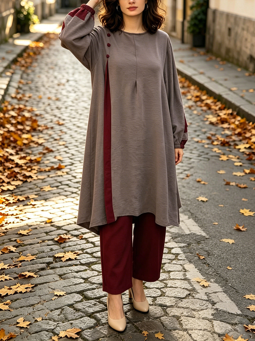 New Style Middle Eastern Muslim Abaya Set - Women's Modest Contrast Color Combination Long-Sleeve Top & Maxi Skirt with Button Detail for Ramadan Daily & Gatherings - Color Block (Gray Top + Apricot Red Pants)