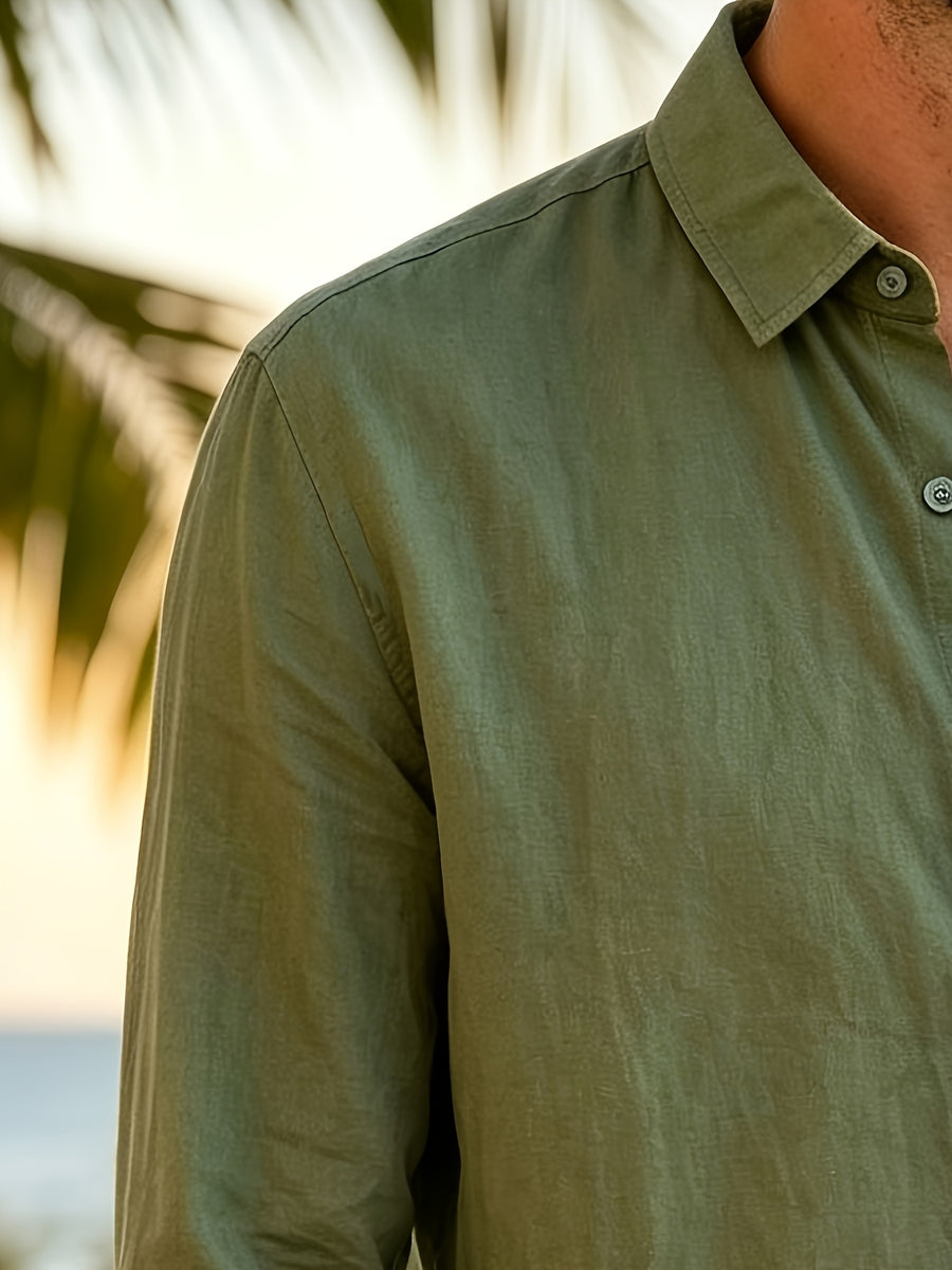 Vacation Style Men'S Summer Long Sleeve Shirt, Classic Lapel Single-Breasted Design, Multiple Basic Solid Colors Available, Suitable for Daily Commute And Beach Travel (Shirt) - fern green
