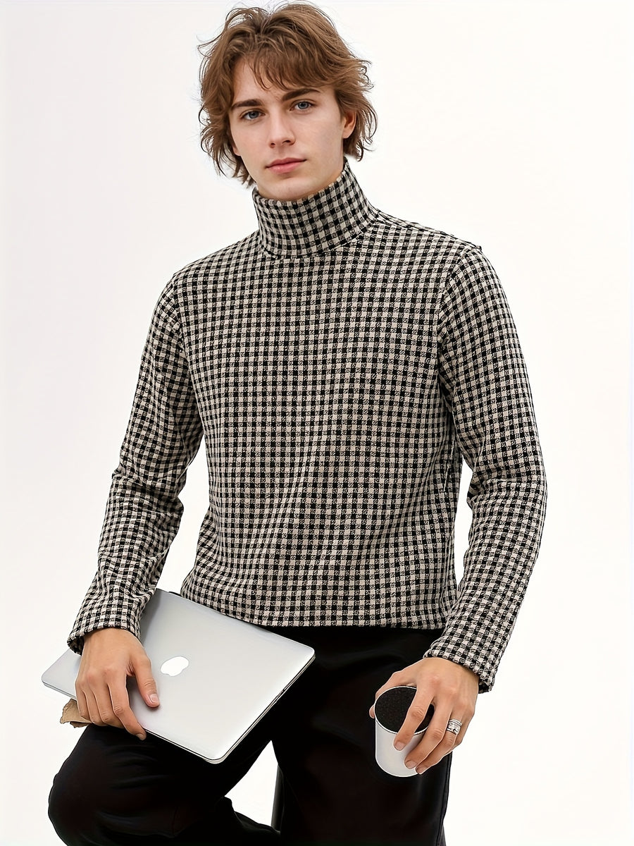 Nordic Vintage High-Neck Plaid Long-Sleeve T-Shirt for Men, Thickened for Autumn And, Soft And Warm, with a Luxurious Feel, Perfect As a Base Layer for Trendy Couples And Youth - Kakag