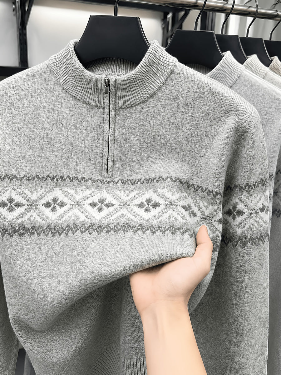 Du Jing Lan OBM Spring/Autumn New Arrival Men's Knitted Pullover, Old Money Style Contrast Color Stand-Up Collar Half-Open Placket Long Sleeve Knitted Pullover, Men's Business Casual Fashion Ribbed Sweater with Stand-Up Collar and Half-Open Placket - Medium Gray