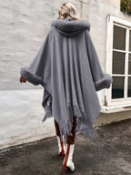 New Luxurious Faux Hooded Cardigan Sweater with Tassel Shawl Cape for Autumn And Winter in Europe And America - Grey