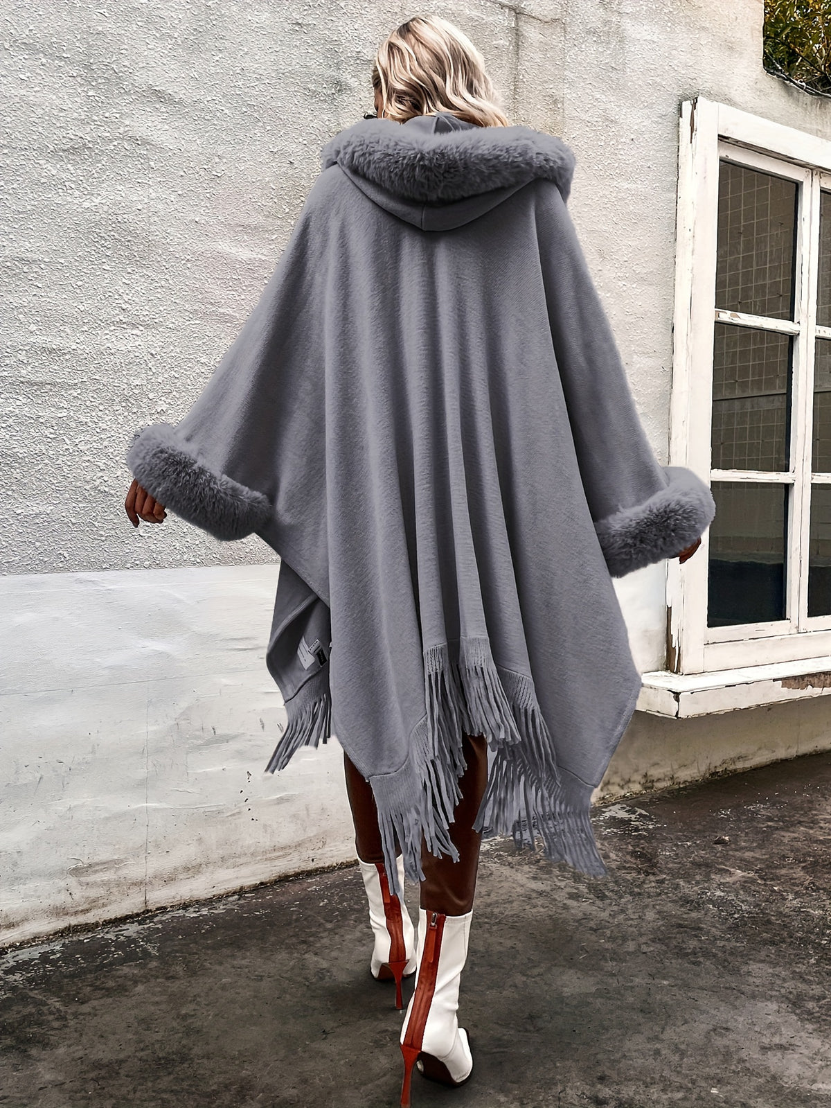 New Luxurious Faux Hooded Cardigan Sweater with Tassel Shawl Cape for Autumn And Winter in Europe And America - Grey