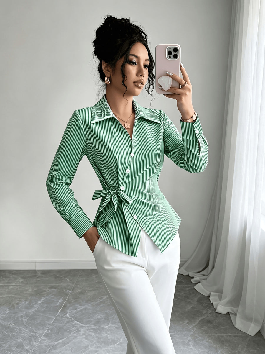 Stylish Long-sleeved Womens Shirt a New Luxuryversatile Top That Helps to Conceal Body Flaws and Create a Slimmer Appearancestripedtiedback Shirt for Women. - Green