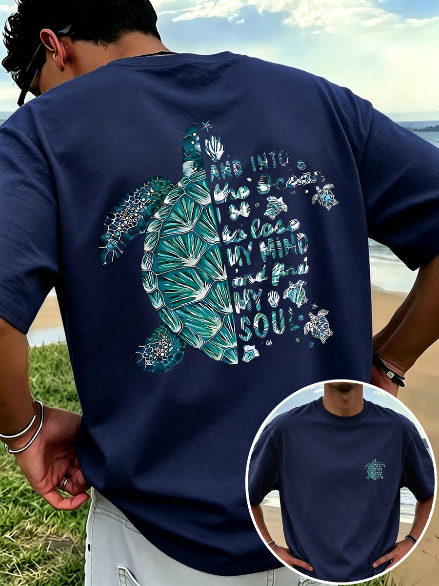 New Men'S 100% T-Shirt with Turtle Print, Comfortable And Breathable for Summer Casual Vacation - Navy blue color