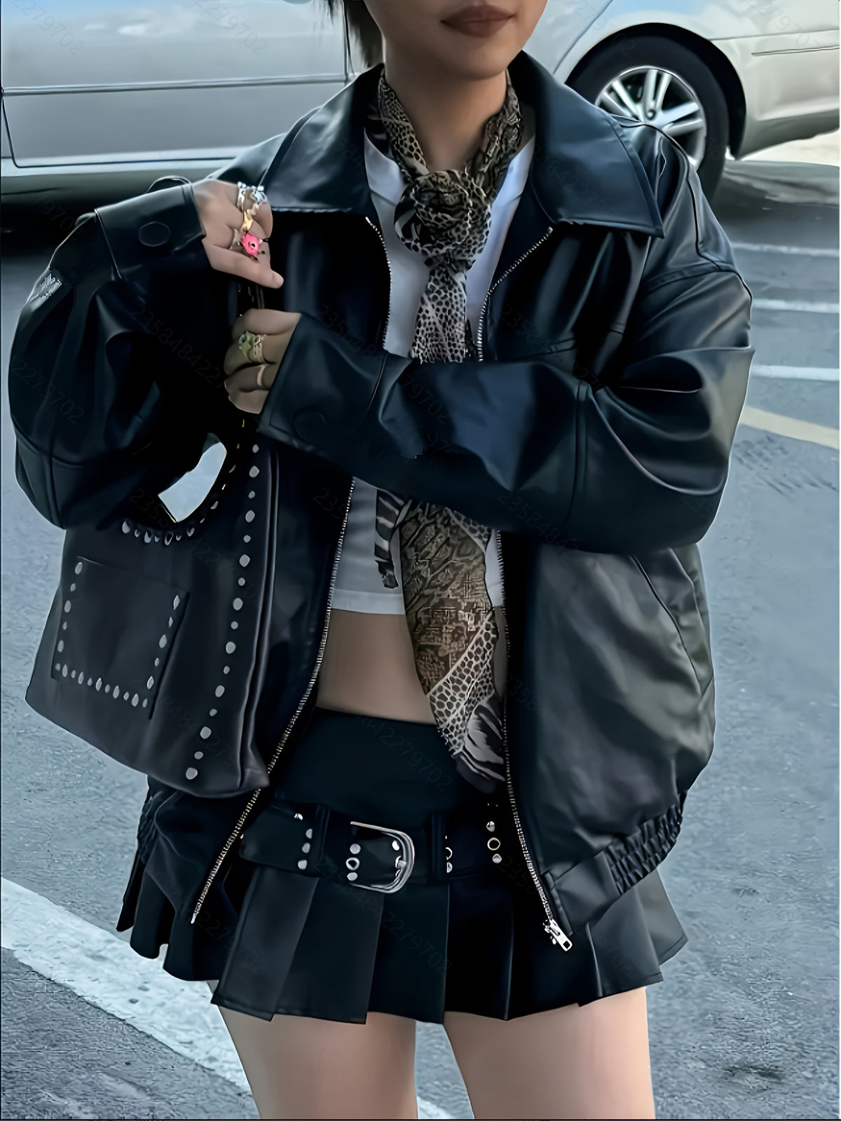 Women'S Avant-Garde Casual Lapel Loose Long-Sleeve Faux Leather Jacket - Black