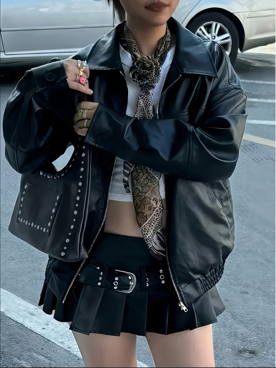 Women'S Avant-Garde Casual Lapel Loose Long-Sleeve Faux Leather Jacket - Black