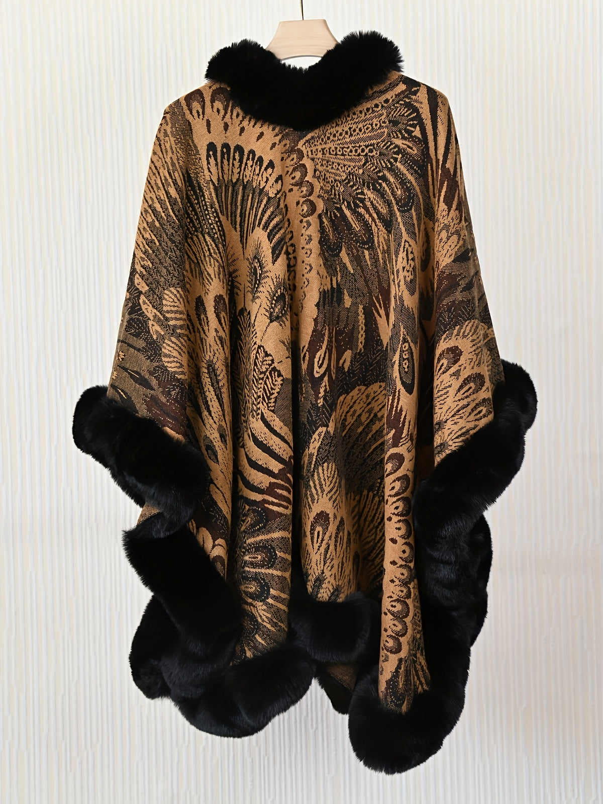 Women's Faux Trim Cape Shawl, Pea Rooster Pattern Acrylic Poncho Wrap, Open Front Sleeveless Fall Winter Outerwear - Dark camel