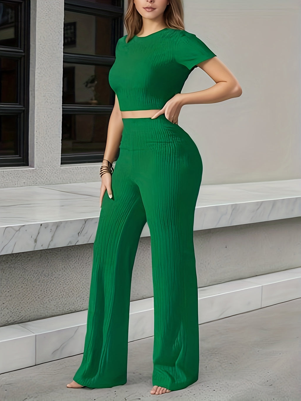 Women's Vintage Black Textured Cropped Navel-Baring T-Shirt + High-Waist Flowy Wide-Leg Pants Daily Casual Set - Green