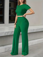 Women's Vintage Black Textured Cropped Navel-Baring T-Shirt + High-Waist Flowy Wide-Leg Pants Daily Casual Set - Green