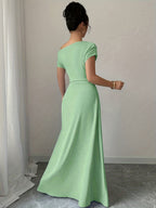 Off-Shoulder And Ruched Waist Elegant Off-Shoulder Fashion Date Commute Evening Dress Ultra-Long Bridesmaid Gown - Green