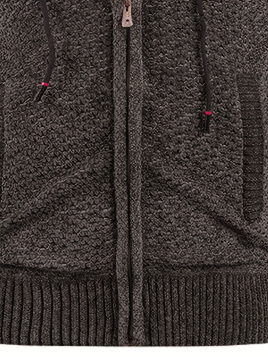 Solid Color Men'S Autumn And Winter New Style Men'S Coarse Yarn Knitted Long Zipper Cardigan Long Sleeved Hooded Drawstring Fashionable Casual Business Versatile with Thick Velvet Insulation Pocket Sports Vitality Elastic Jacket - Dark Gray