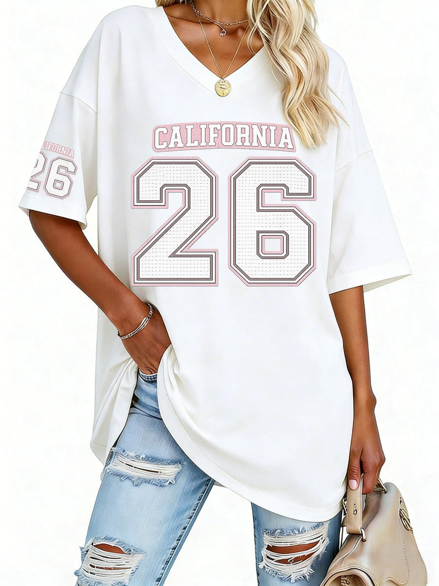 Women'S Fashion V-Neck Tee Featuring Relaxed Drop Shoulders - White