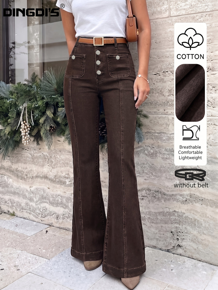 Ladies' New Stretch Denim Pants, Coffee-colored Flared Pants with Multiple Buttoned Pockets, High-waisted Figure-hugging Casual Pants, Street-style Women's Clothing, Comfortable Denim Pants Suitable for All Seasons, Long Denim Pants (without Belts) - Coffee Color