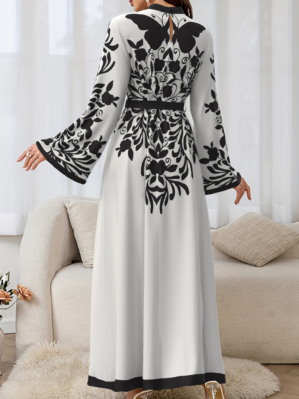 Women'S Elegant Long Sleeve Dress, Middle Eastern Style Maxi Dress, Long Sleeves, Belted Waist, Fabric, Machine Washable - Multicolor