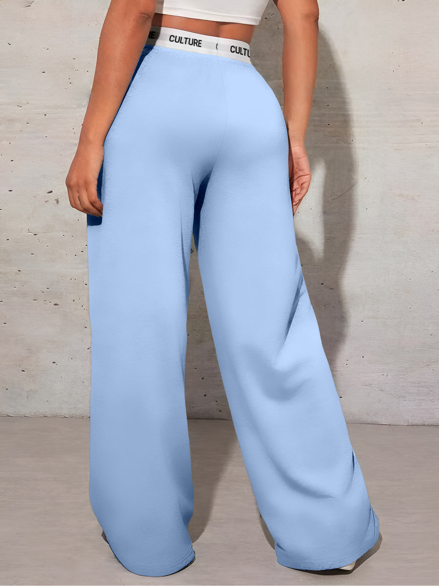 K6 Women's Letter LOS ANGELES Print Loose Wide-Leg Pants with Pockets, Versatile High-Waisted Casual Trousers - Light Blue