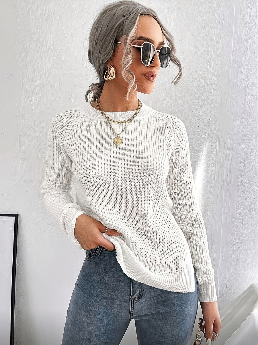Women's Slim Fit High Elasticity Long-Sleeve Top. Details: Slit Hem Bow Design Knitted - Ribbed Crew Neck Elegant Women's Wear for Autumn/Winter, Casual Everyday Semi-Formal Mustard Yellow Machine-Washable 100% Solid Versatile Base Layer Shirt - White