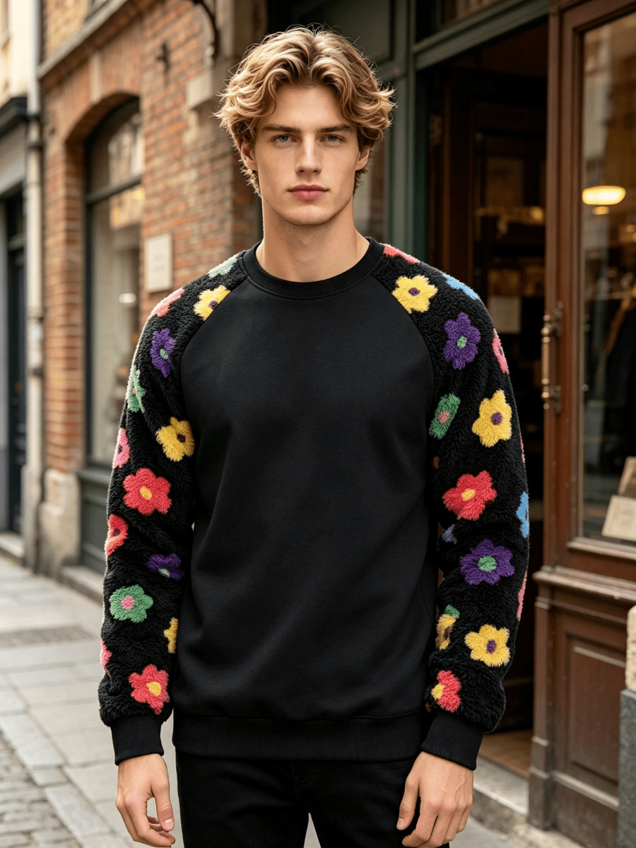 Men'S Autumn Winter Round Neck Plush Sweatshirt, Drop Shoulder Plush Sweatshirt, Featuring Floral Plush Color-Block Patchwork And Solid Color Design, Wrinkle-Resistant Soft Knit Material, Very Practical. Suitable for Students' Daily Wear on Campus - Black