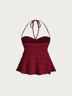 Niannian's Choice Solid Color Drawstring Halter Neck Backless Sexy Tank Top - Burgundy