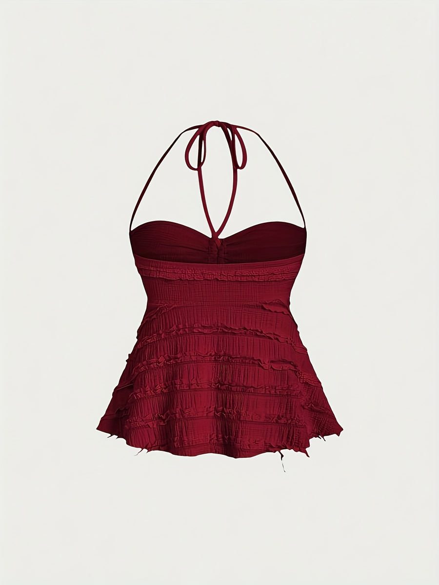 Niannian's Choice Solid Color Drawstring Halter Neck Backless Sexy Tank Top - Burgundy