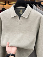 Autumn New Style Long Sleeve Polo Shirt Lapel No Button V-Neck Design Vertical Stripes Ribbed Knit Thick Long Sleeve Solid Color Basic Fit Outdoor Casual Commuter Men'S Clothing Quality Casual Top Business Office - Off-white