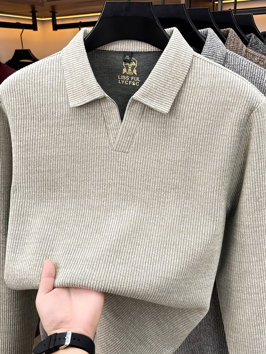 Autumn New Style Long Sleeve Polo Shirt Lapel No Button V-Neck Design Vertical Stripes Ribbed Knit Thick Long Sleeve Solid Color Basic Fit Outdoor Casual Commuter Men'S Clothing Quality Casual Top Business Office - Off-white
