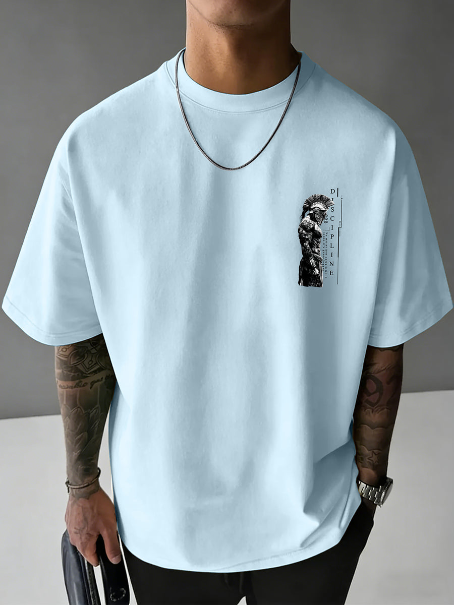 Men'S 100% T-Shirt, Spartan Warrior Discipline Print, All-Season Wear, Casual Sporty Comfortable Breathable - Light Blue Color