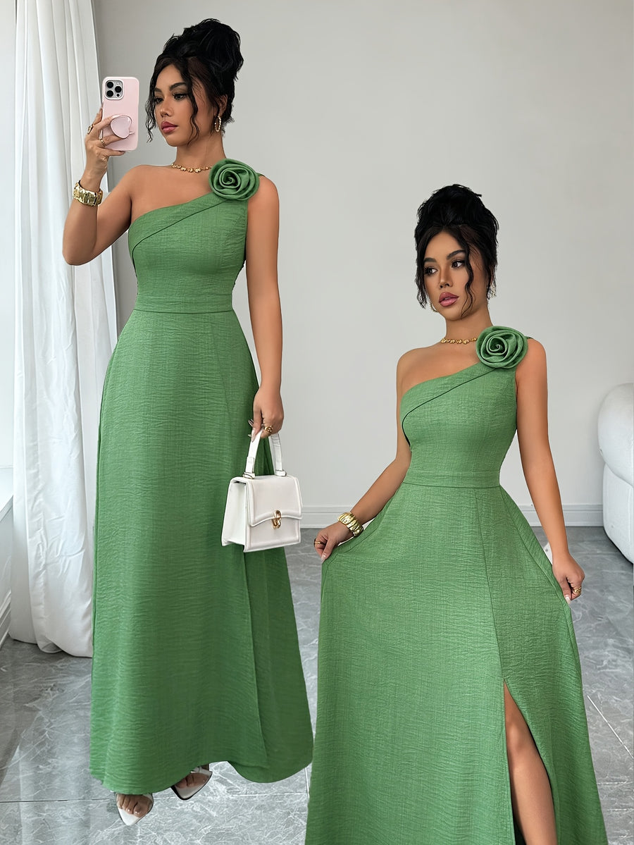 New Summer Women's Off-Shoulder Rose-Embellished Long Dress with Waist-Defining Slit, Elegant One-Shoulder Design, Mature Style for Dates and Banquets - Yellow-green