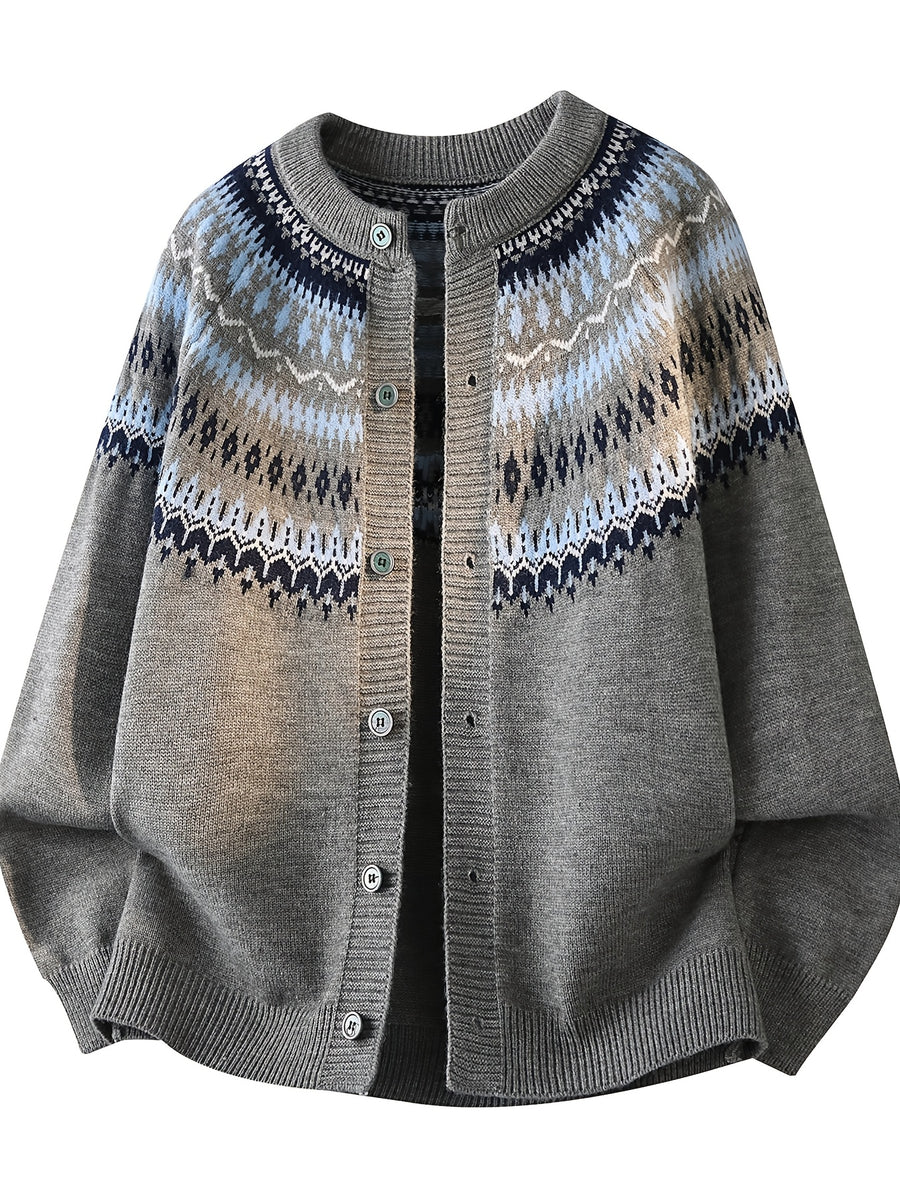 Du Jing Lan OBM 1pc Autumn/Winter New Arrival Men's Knitted Cardigan, Old Money Style Contrast Color Single-Breasted Button Closure Crew Neck Open Front Knitted Cardigan, Men's Business Casual Fashion Open Front Knitted Cardigan Top - Grey