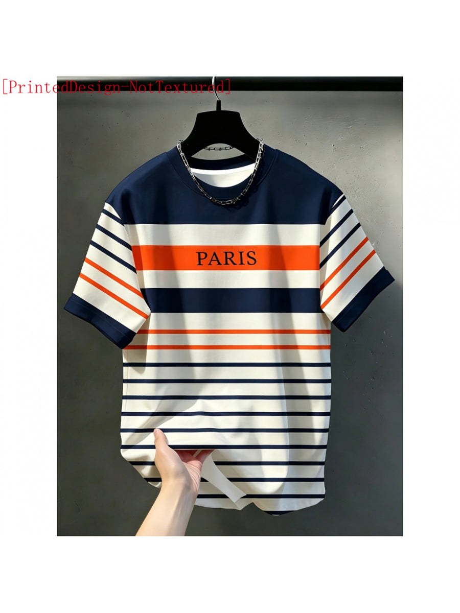 Men's Casual Crew Neck T-Shirt, Classic Striped Design with "PARIS" Word Graphic, Draped Fashion Top, All-Season Wear, Breathable Regular Fit for Daily and Formal Outfits - Crew Neck Casual Top, Comfortable to Wear, Gift for Teens and Adults - Mixed colors