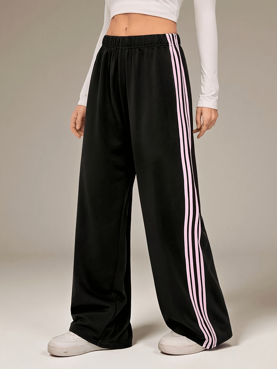 Women'S Tall Size Black Contrast Striped Wide Leg Casual Pants - Ladies Wide Leg Trousers, Comfortable Long Pants, Long Pants, Loose Trousers - Black